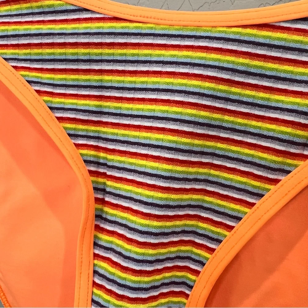 Frankies Bikinis Catalina Ribbed Stripe Bikini Bottom Rainbow Orange XL NWT